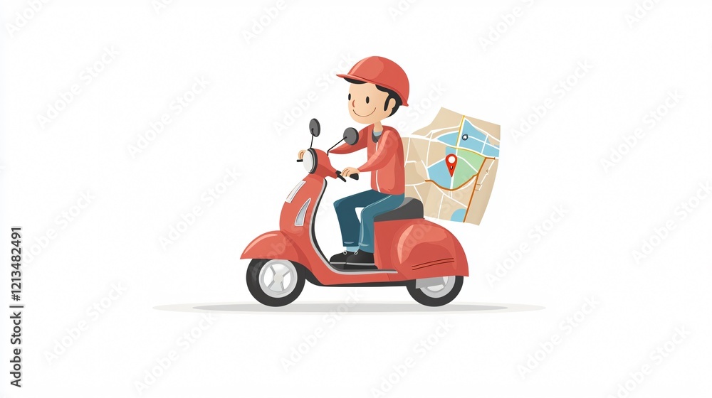 Professional Delivery Man on Scooter Navigating with GPS Map