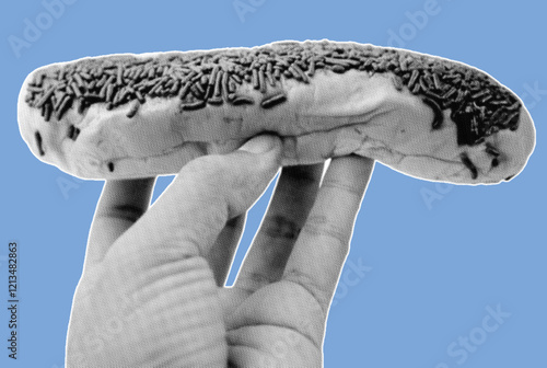 Close up of hand holding chocolate sprinkles bread pixelate grayscale color halftone dotted texture style collage element isolated on blue background