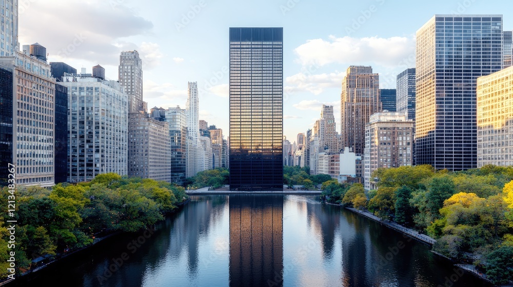 City skyline reflecting in tranquil park pond at sunrise. Ideal for travel brochures City skyline reflecting in tranquil park pond at sunrise. Ideal for travel brochures