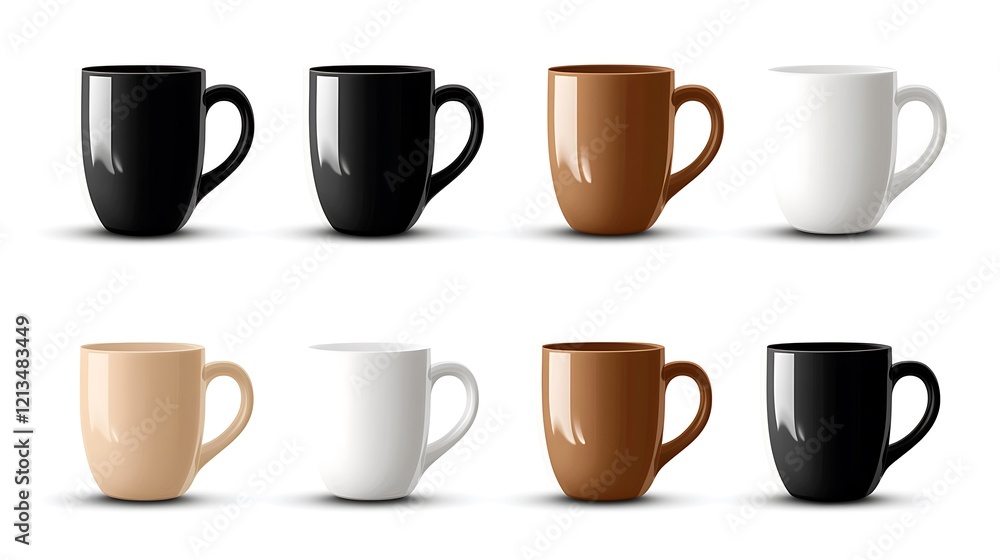 Collection of Eight Stylish Mugs in Various Colors and Finishes