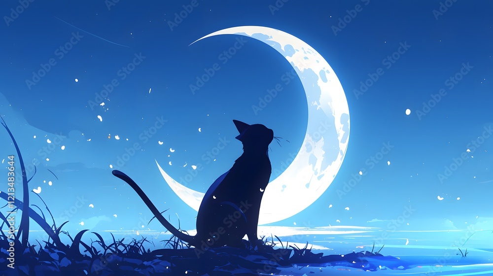 Stylish black cat illustration with moon background