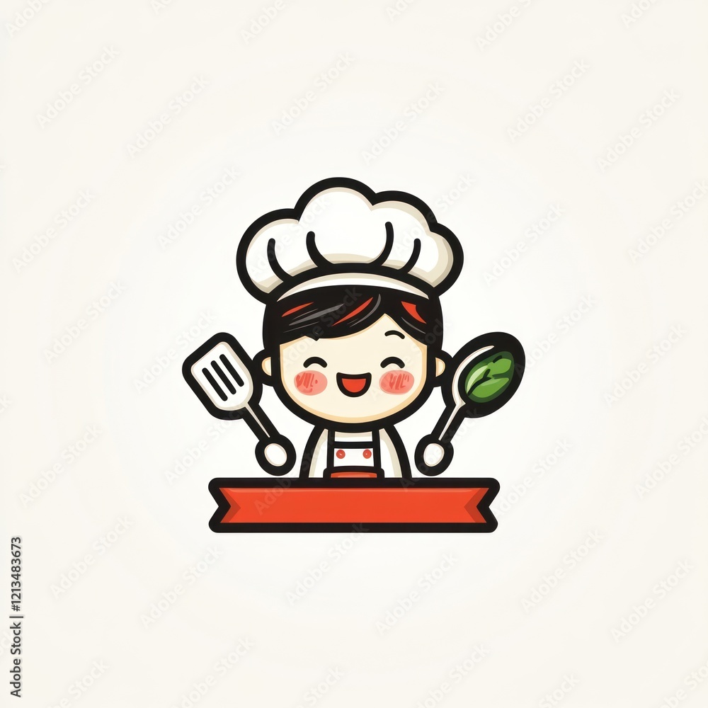 Chef smiles holding spatula and spoon, cooking, food, with red ribbon for a label, use for recipe Chef smiles holding spatula and spoon, cooking, food, with red ribbon for a label, use for recipe