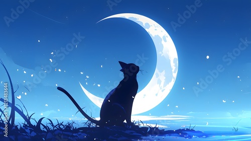 Obraz na płótnie Stylish black cat illustration with moon background w salonie