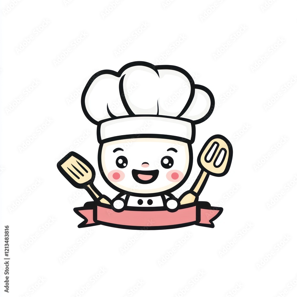 Chef character with spatulas, white background, banner for cooking projects Chef character with spatulas, white background, banner for cooking projects