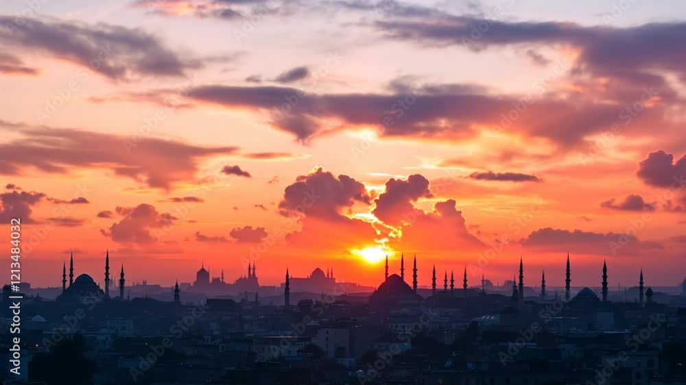 Istanbul sunset skyline silhouette, mosques, dramatic cloudscape, travel tourism Istanbul sunset skyline silhouette, mosques, dramatic cloudscape, travel tourism