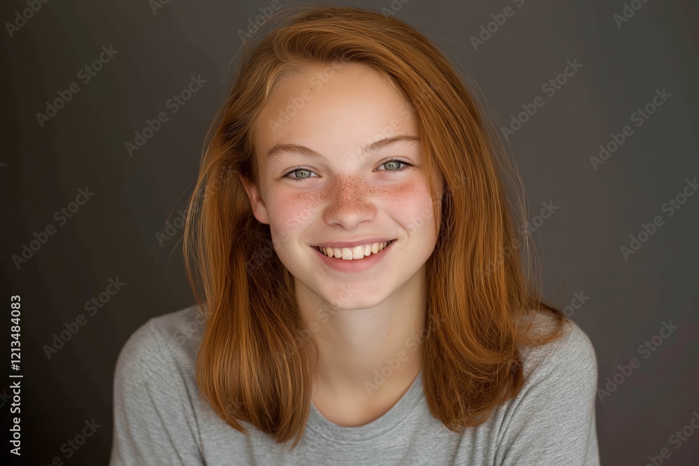 Smiling girl with freckles and red hair in a portrait setting Smiling girl with freckles and red hair in a portrait setting