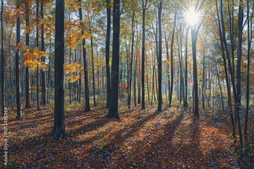 Autumn sun rays in forest; fall leaves, nature background, wallpaper Autumn sun rays in forest; fall leaves, nature background, wallpaper
