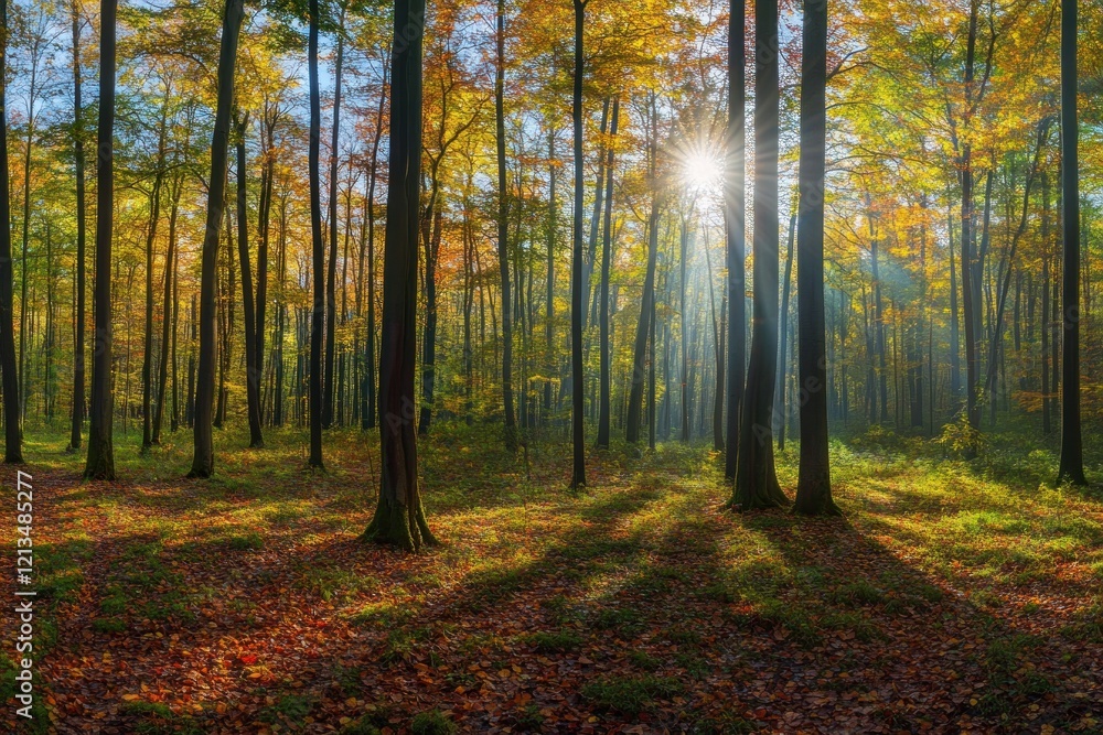 Obraz premium Autumn sunbeams through deciduous forest, nature wallpaper