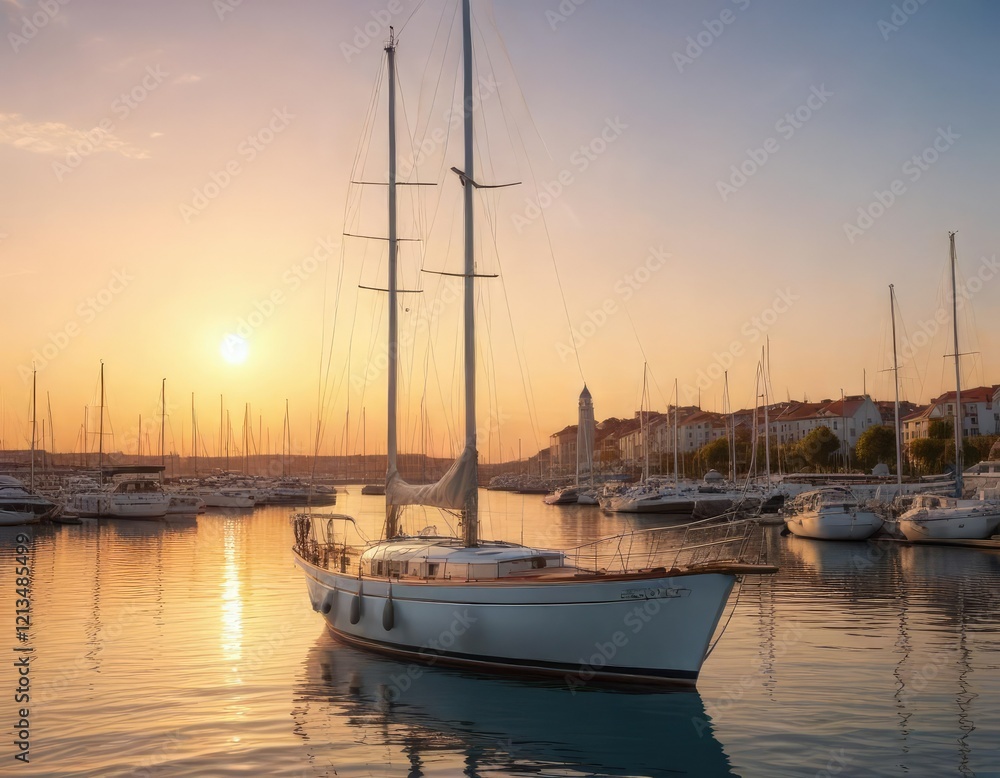 Fototapeta premium Classic sailing yacht moored in a marina at sunset with a clear blue sky and a warm golden light, sailing life, sailing yacht
