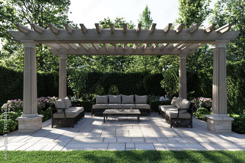 Architectural outdoor design centered around a pergola with stylish seating. Architectural outdoor design centered around a pergola with stylish seating.