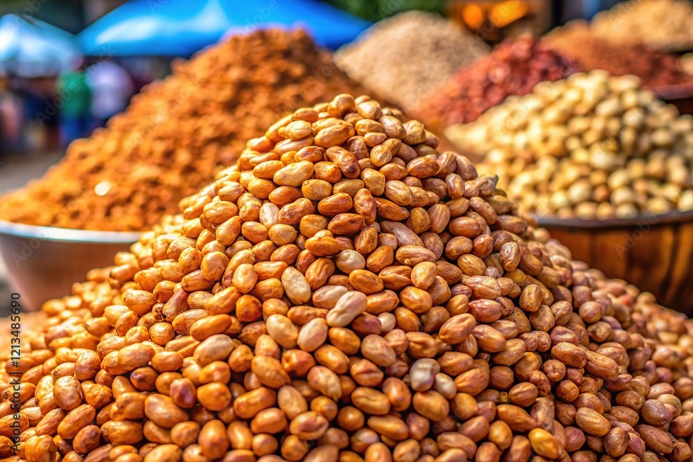 Obraz premium Crisp, roasted peanuts, heaped for sale. A tempting snack.