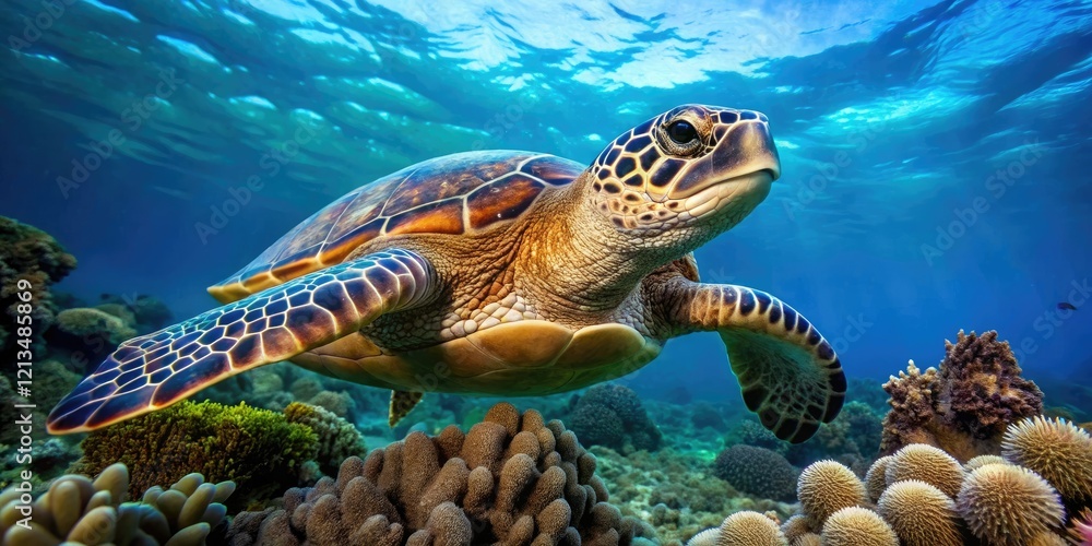 Fototapeta premium Close-up of a sea turtle swimming in the coral reef, coral, habitat, turtle, underwater, biology