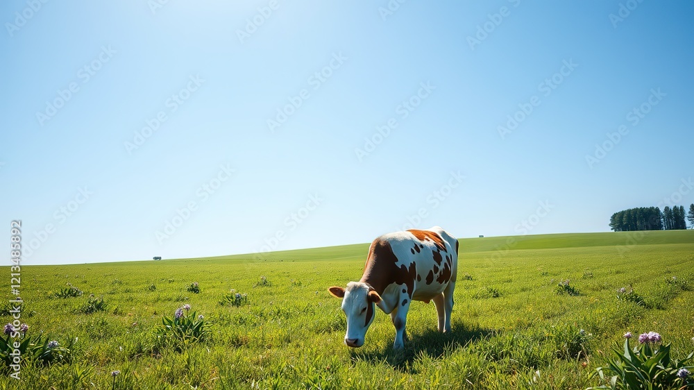 Dairy Cow in Lush Green Meadow - Sunny Day Dairy Cow in Lush Green Meadow - Sunny Day