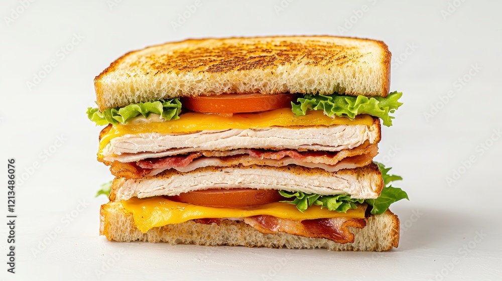 A mouthwatering club sandwich featuring layers of savory turkey, crispy bacon, and melted cheese, all nestled between slices of pe A mouthwatering club sandwich featuring layers of savory turkey, crispy bacon, and melted cheese, all nestled between slices of pe