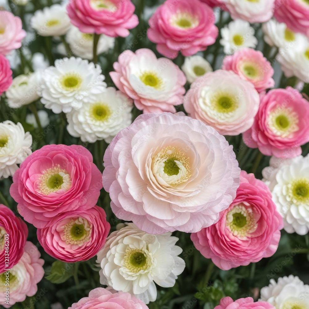 Fototapeta premium Close-up of pink and white ranunculus flowers in full bloom, fresh, bouquet, floral