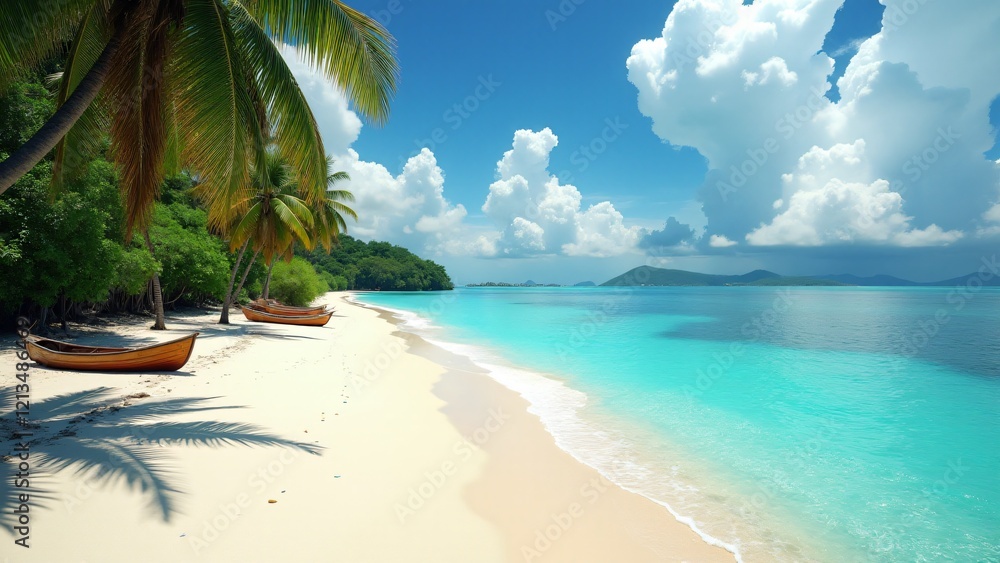 Fototapeta premium Playa Blanca in Colombia offers white sands, turquoise Caribbean waters, coral reefs, and lush greenery—an idyllic paradise perfect for relaxation and snorkeling adventures.