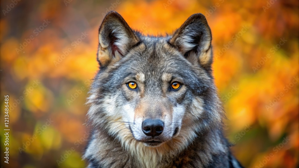 Close-up portrait of a gray wolf with piercing yellow eyes gazing directly into the camera against a blurred background of autumnal foliage, wildlife photography, wolves, eyes, foliage Close-up portrait of a gray wolf with piercing yellow eyes gazing directly into the camera against a blurred background of autumnal foliage, wildlife photography, wolves, eyes, foliage