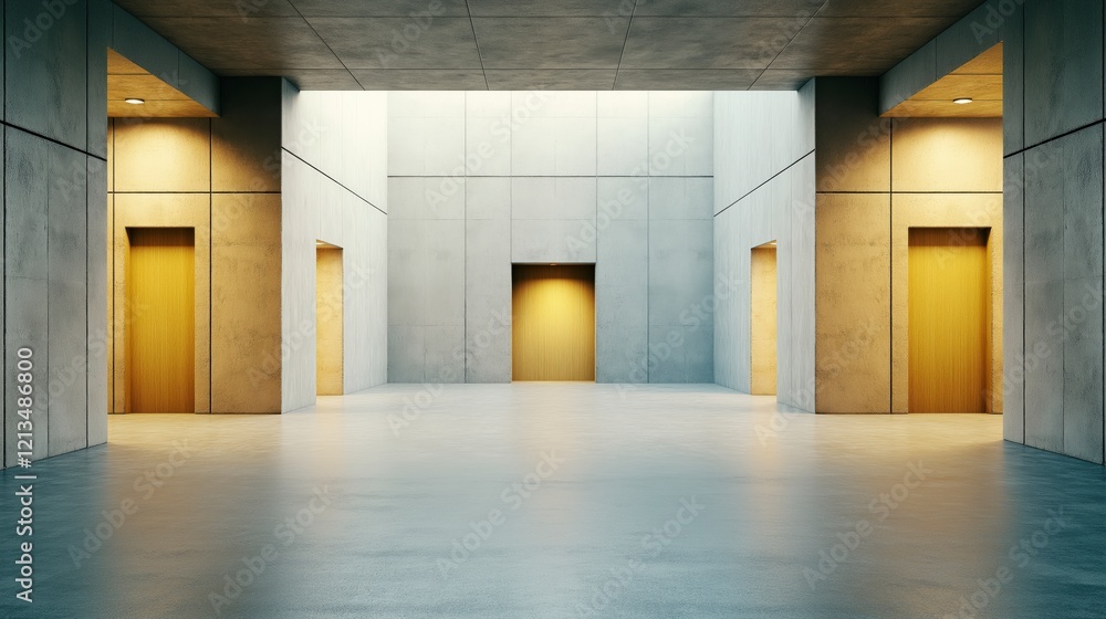 Fototapeta premium Modern Interior Space with Four Vertical Elevators and Minimalist Design in Soft Lighting and Concrete Walls