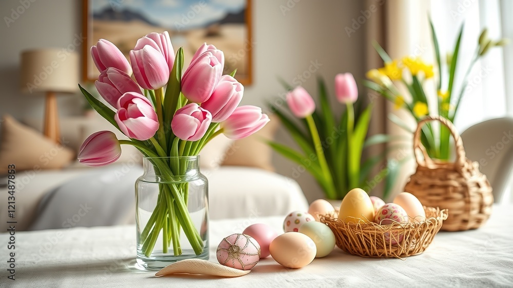 Easter Home Decor, Pink Tulips, Easter Eggs, Light Background, AI Photo Easter Home Decor, Pink Tulips, Easter Eggs, Light Background, AI Photo