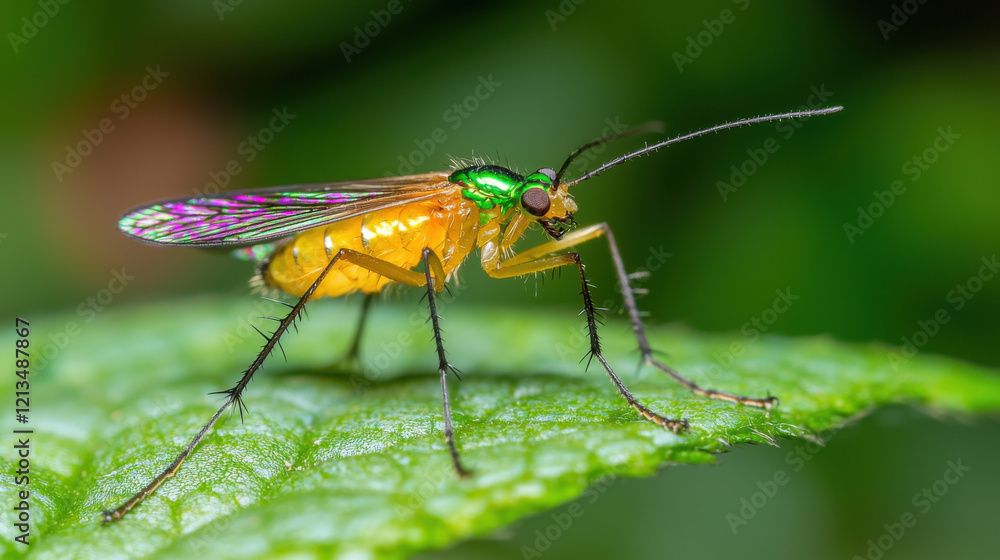 vibrant iridescent insect with colorful wings on green leaf vibrant iridescent insect with colorful wings on green leaf