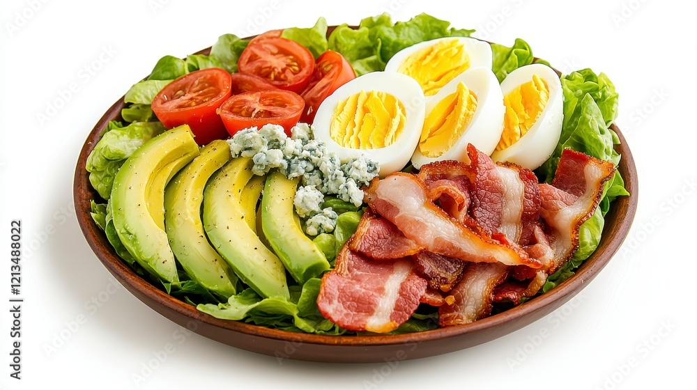 A Delicious and Healthy Cobb Salad with Fresh Ingredients, Artfully Arranged on a Rustic Plate A Delicious and Healthy Cobb Salad with Fresh Ingredients, Artfully Arranged on a Rustic Plate