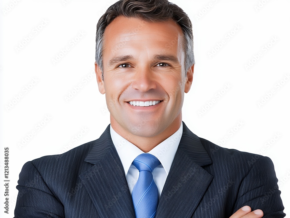 Professional businessman smiling confidently in formal attire with arms crossed against a clean white background Professional businessman smiling confidently in formal attire with arms crossed against a clean white background