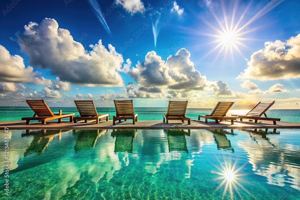 Fototapeta premium Elegant deck chairs, panoramic blue water, perfect for relaxation.