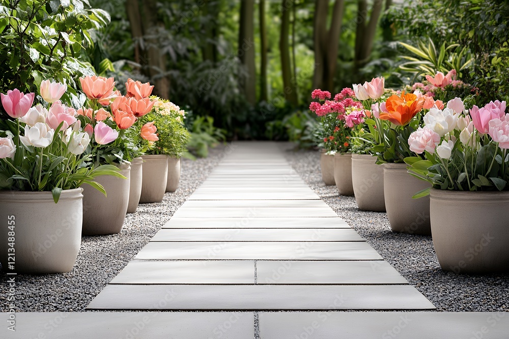 Obraz premium Serene Garden Path Adorned with Blooming Flowers in Pastel Hues