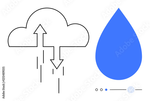 Cloud with arrows indicating precipitation process accompanied by blue water drop. Ideal for weather forecast, climate change, water cycle, science education, environmental studies, hydrology