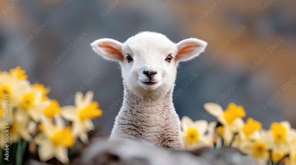 Lamb in daffodil field, spring, nature, cute Lamb in daffodil field, spring, nature, cute