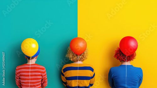 Three individuals with colorful balloons on their heads stand against a vibrant split background of teal and yellow.