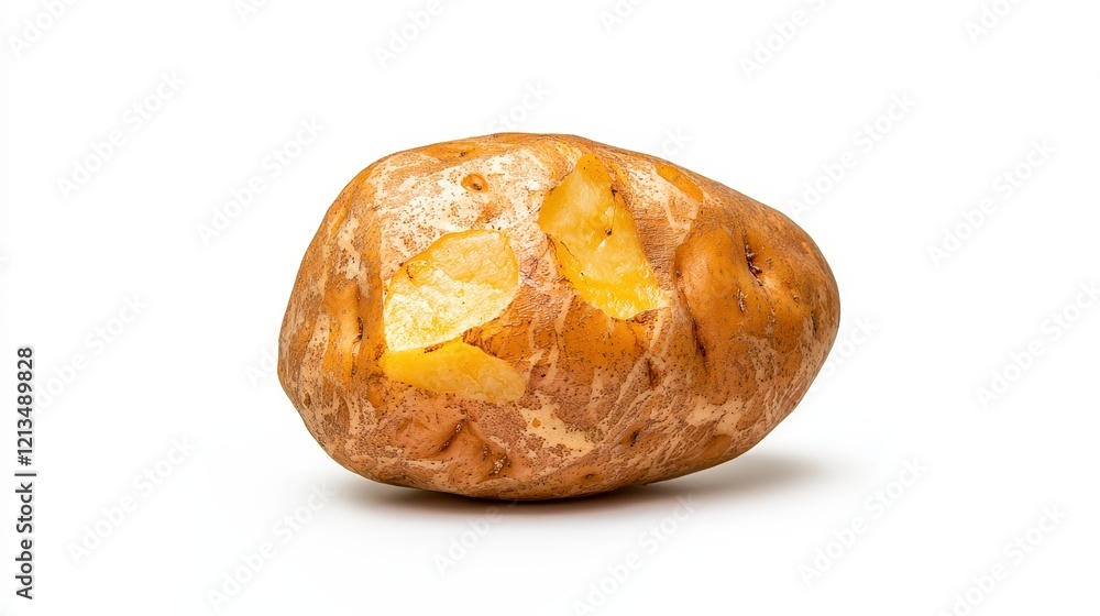 Close-up of a Baked Potato with Fluffy Interior and Golden Brown Skin, Isolated on White Background Close-up of a Baked Potato with Fluffy Interior and Golden Brown Skin, Isolated on White Background