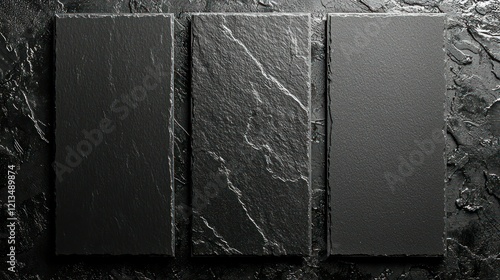 Three rectangular slate boards on textured black surface for display mockup