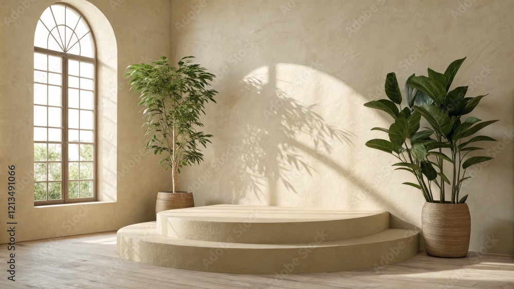 Beige Minimalist Studio Two-Tiered Round Podium with Plants, Arch Window, Natural Light, Product Display Product Photography, Mockup Beige Minimalist Studio Two-Tiered Round Podium with Plants, Arch Window, Natural Light, Product Display Product Photography, Mockup