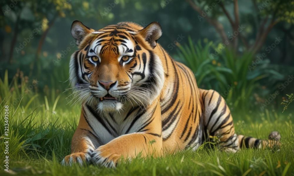 Bengal tiger crouched in the grass waiting for prey, wild animal, powerful, hunting