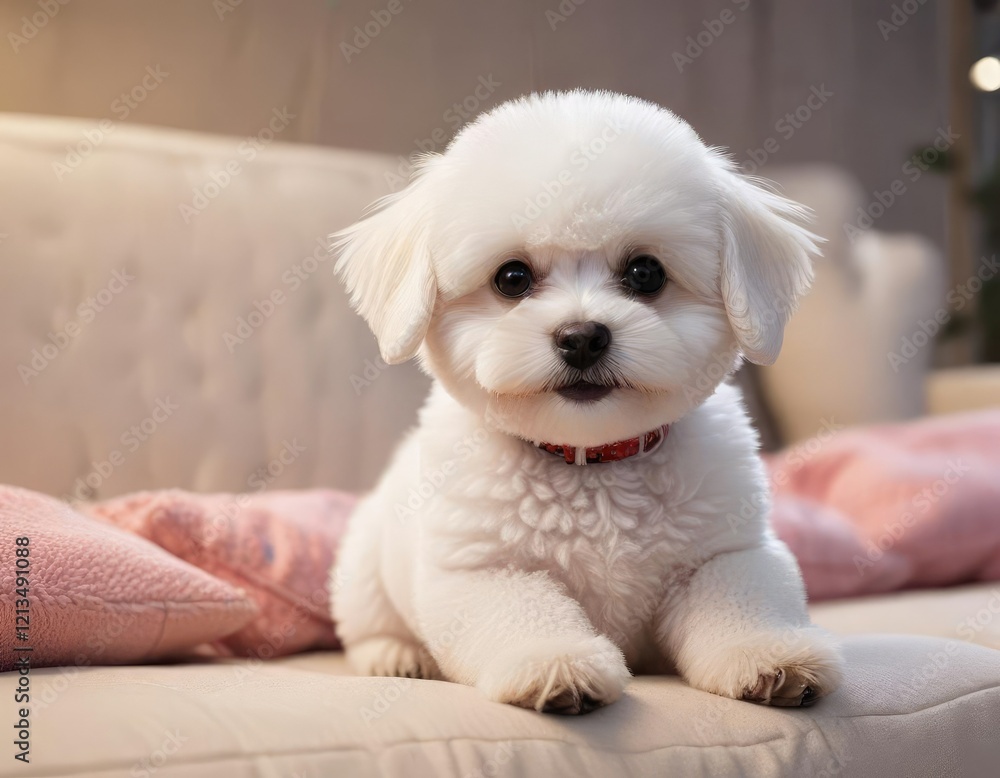 Bichon Frise puppy wagging its tail on a plush couch, interior, friendly, playful