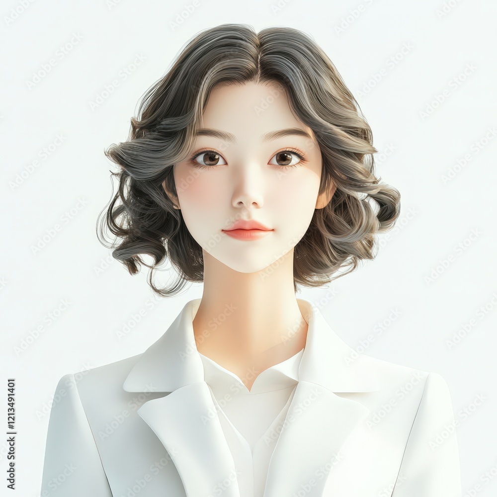 Elegant Woman with Curly Hair Wearing a White Suit Elegant Woman with Curly Hair Wearing a White Suit