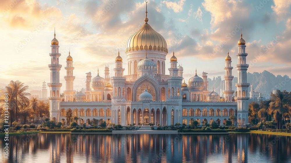 Naklejka premium Majestic Mosque Sunrise Reflection, Desert Oasis