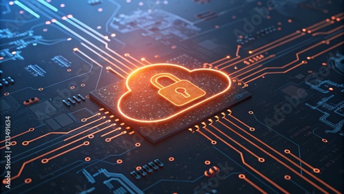 Cybersecurity Cloud Computing Circuit Board with Glowing Padlock, Cloud Security, Data Protection Cloud Security, Digital Safety