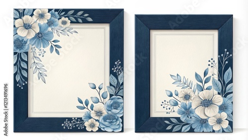 Diptych Blue Floral Frame, Watercolor Flowers, Elegant Decor, Frame Mockup Floral Frame, Blue Decor