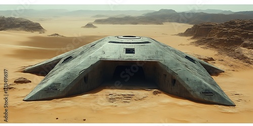 Fototapeta Naklejka Na Ścianę i Meble -  Crashed spaceship in desert.