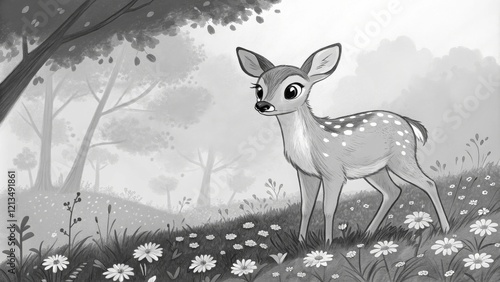 Fawn in Monochrome Forest D...