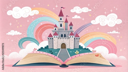 Fairytale Castle Emerging from Open Book Digital Illustration, Pastel Rainbow, Whimsical Clouds, Children's Book, Fantasy, Princess Fantasy art, Fairytale illustration