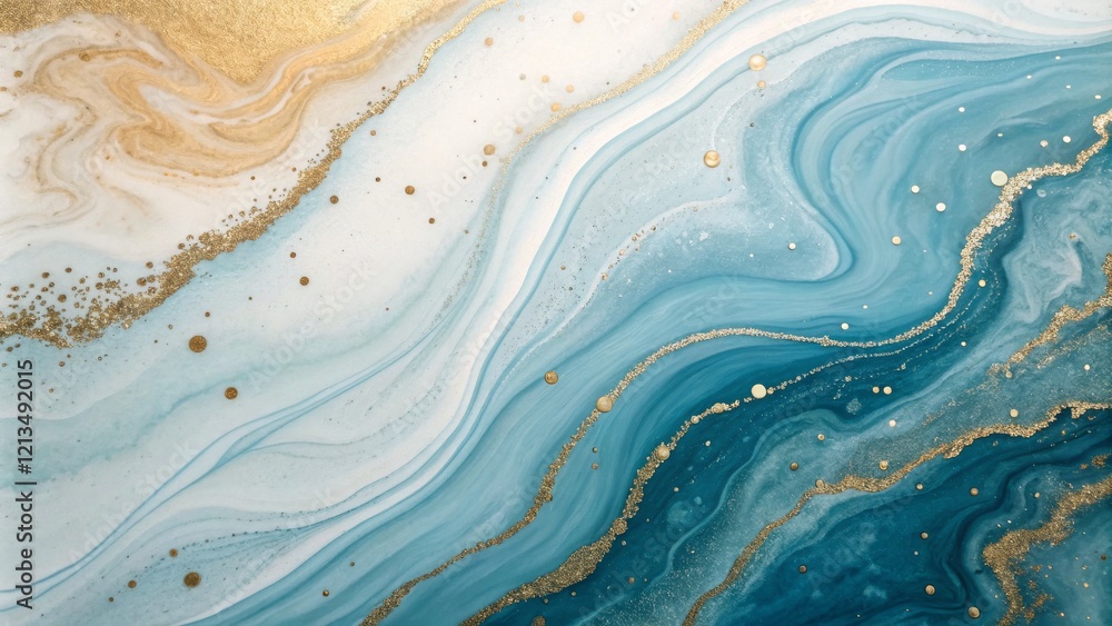 Fototapeta premium Fluid Acrylic Pouring Teal, Gold and White Swirls, Abstract Art, Marble Texture Abstract art, Acrylic pouring