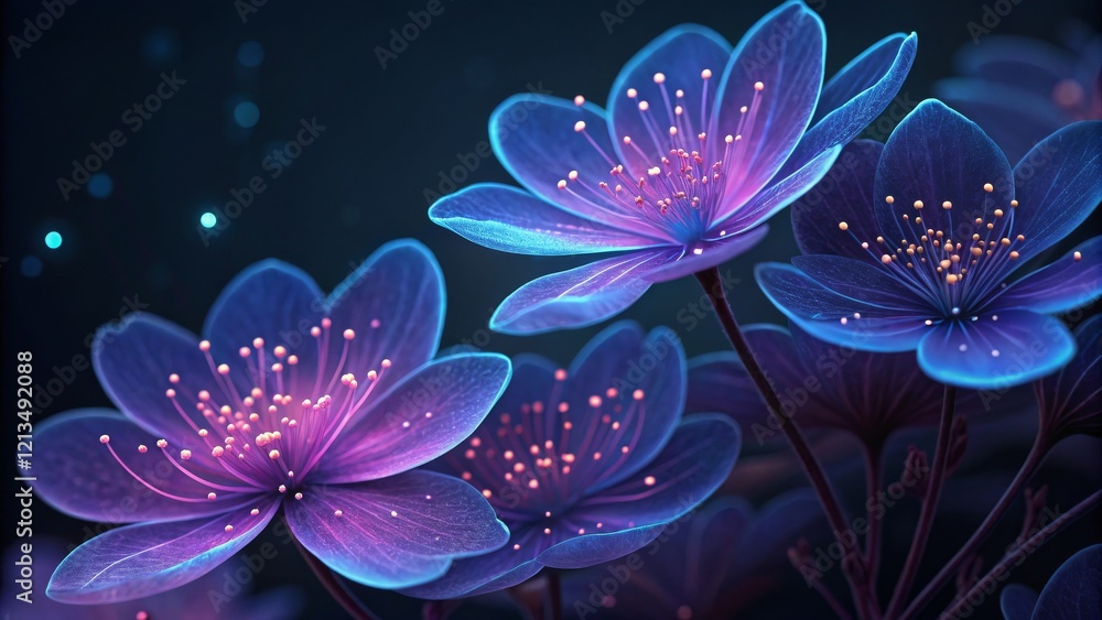 Fototapeta premium Glowing Blue Flowers 3D Render, Close-up, Fantasy Floral Concept, digital art, vibrant, neon, dark background Digital art