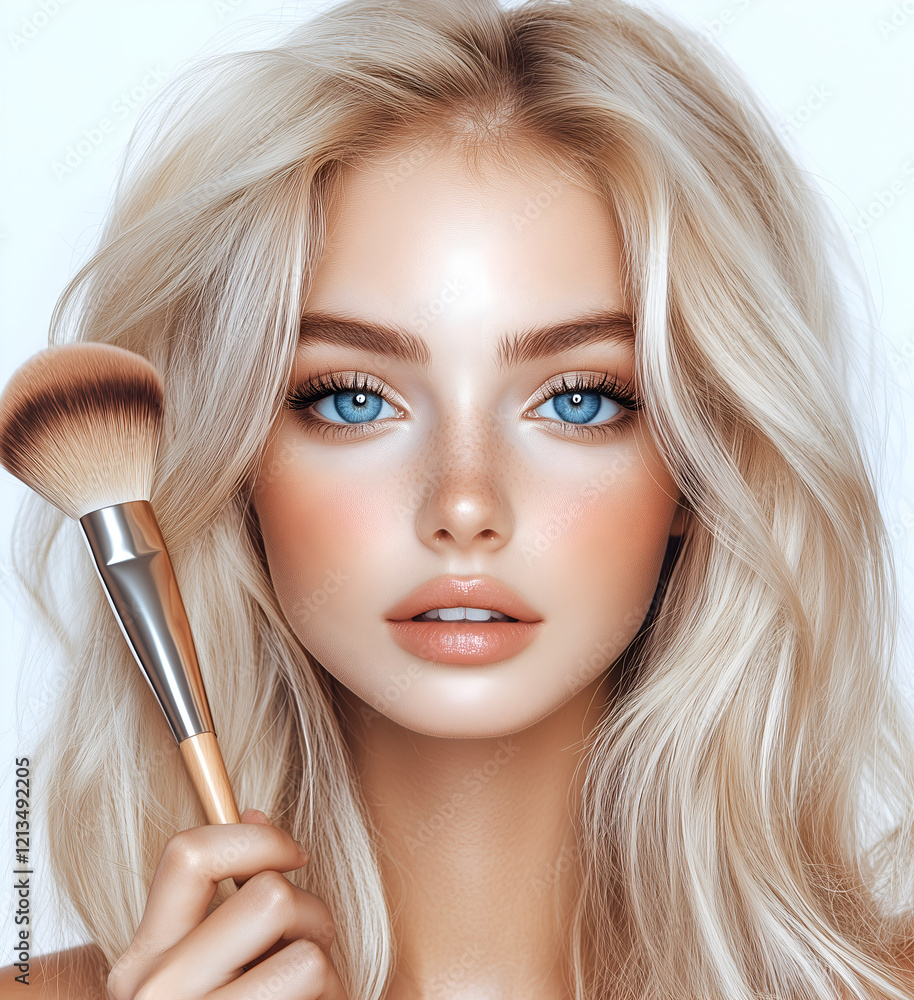 beautiful Korean woman with long hair, smiling and holding a makeup brush in her hand beautiful Korean woman with long hair, smiling and holding a makeup brush in her hand