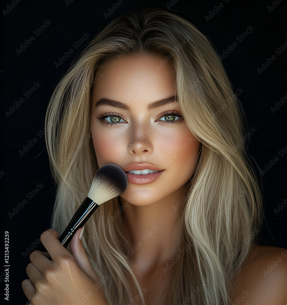 beautiful Korean woman with long hair, smiling and holding a makeup brush in her hand