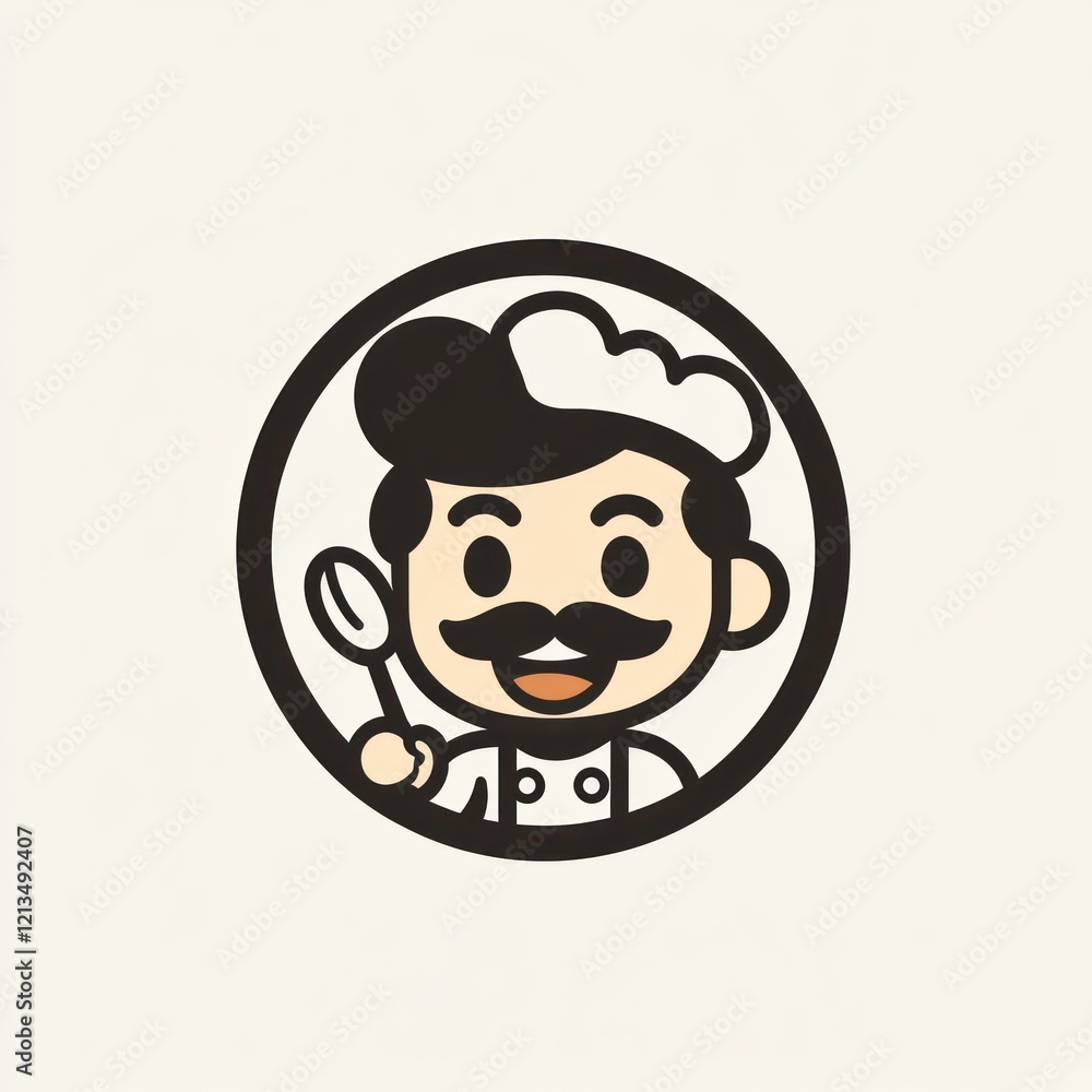Cartoon chef illustration, holding spoon, simple design, for food-related branding Cartoon chef illustration, holding spoon, simple design, for food-related branding