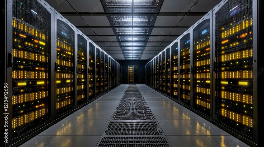Fototapeta premium View of a server room with rows of high-performance servers and network cables, demonstrating the critical infrastructure for businesses relying on data storage and computing.