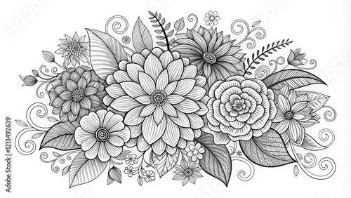 Wallpaper Mural Intricate Line Art Floral Bouquet Black and White Detailed Composition,Flower Illustration,Zentangle Design Floral Design,Coloring Page Torontodigital.ca